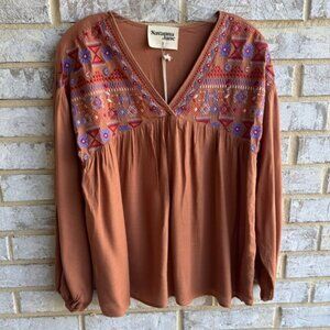 Savanna Jane Long Sleeve Embroidered V-Neck Pullover Tunic Women's Size S